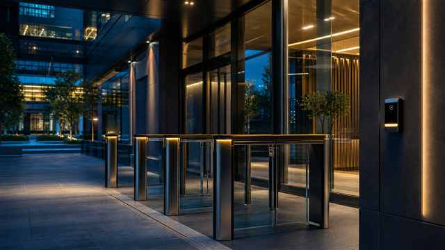 Smart access control equipment at a modern commercial entrance