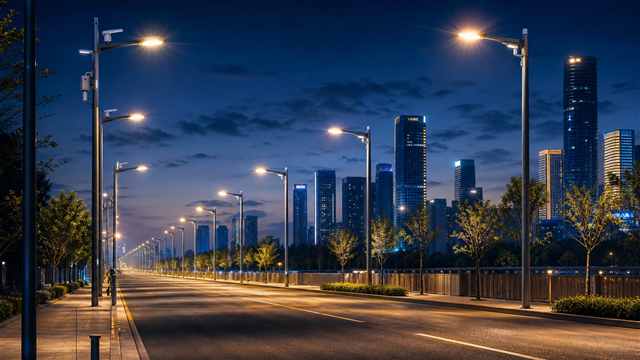 Smart LED street lights along a connected urban avenue
