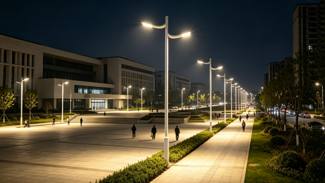 Smart street lights on a well-maintained urban road at night